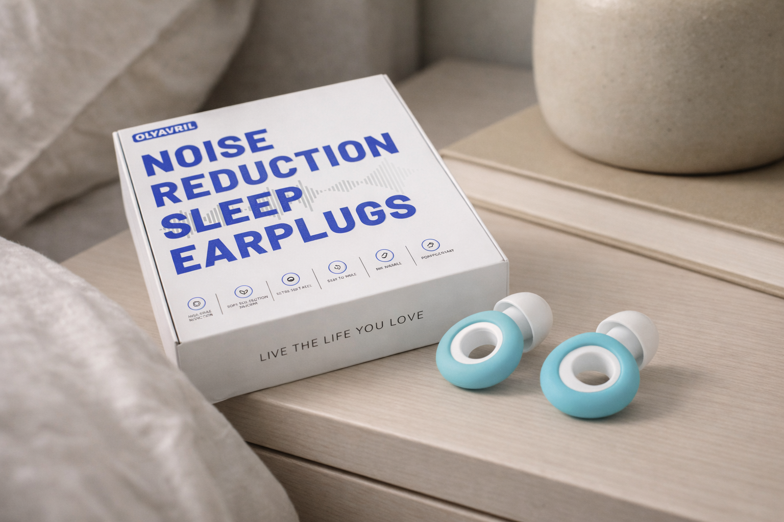 Soft silicone earplugs on a bedside table