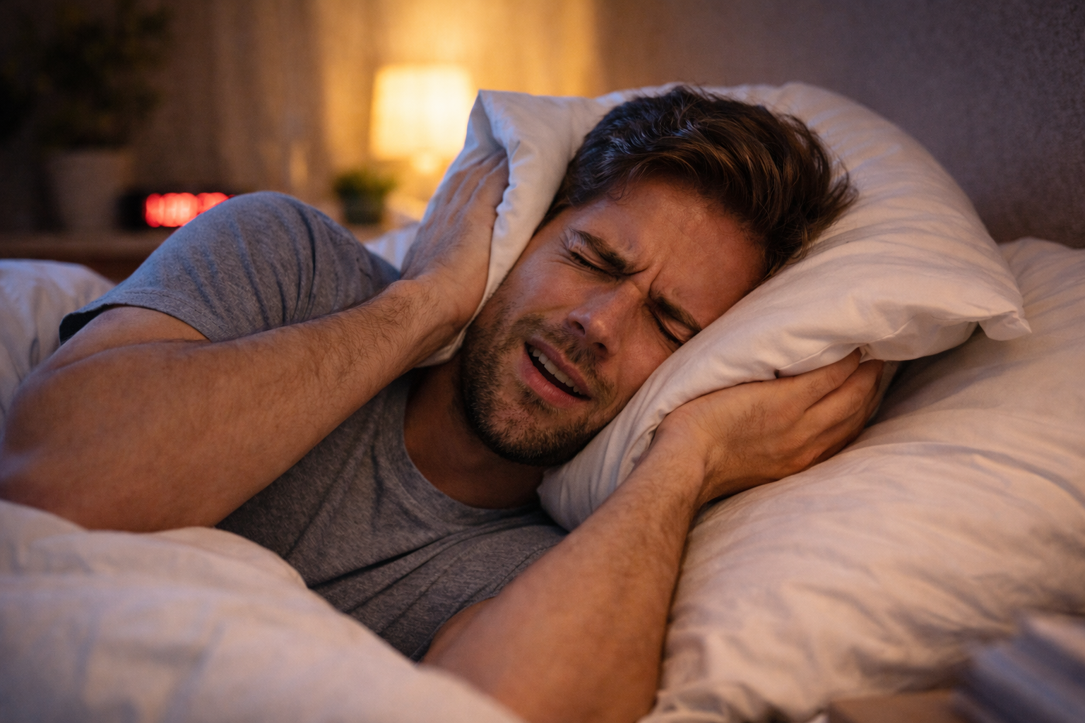 A man suffering noise in his bedroom