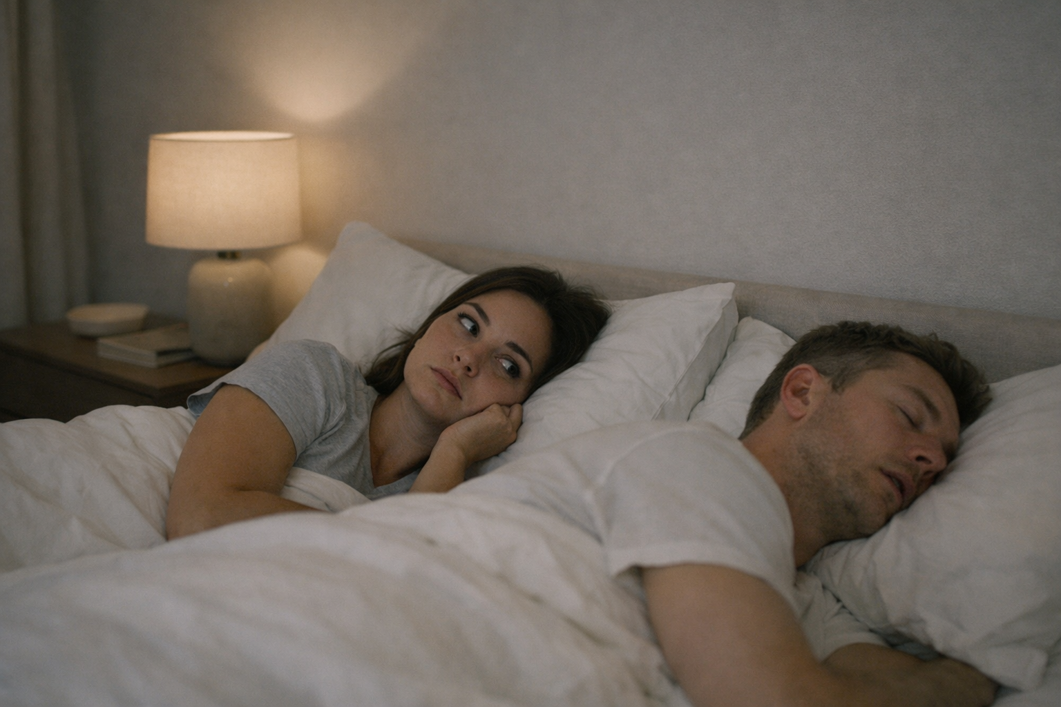 A women looking at her snoring partner